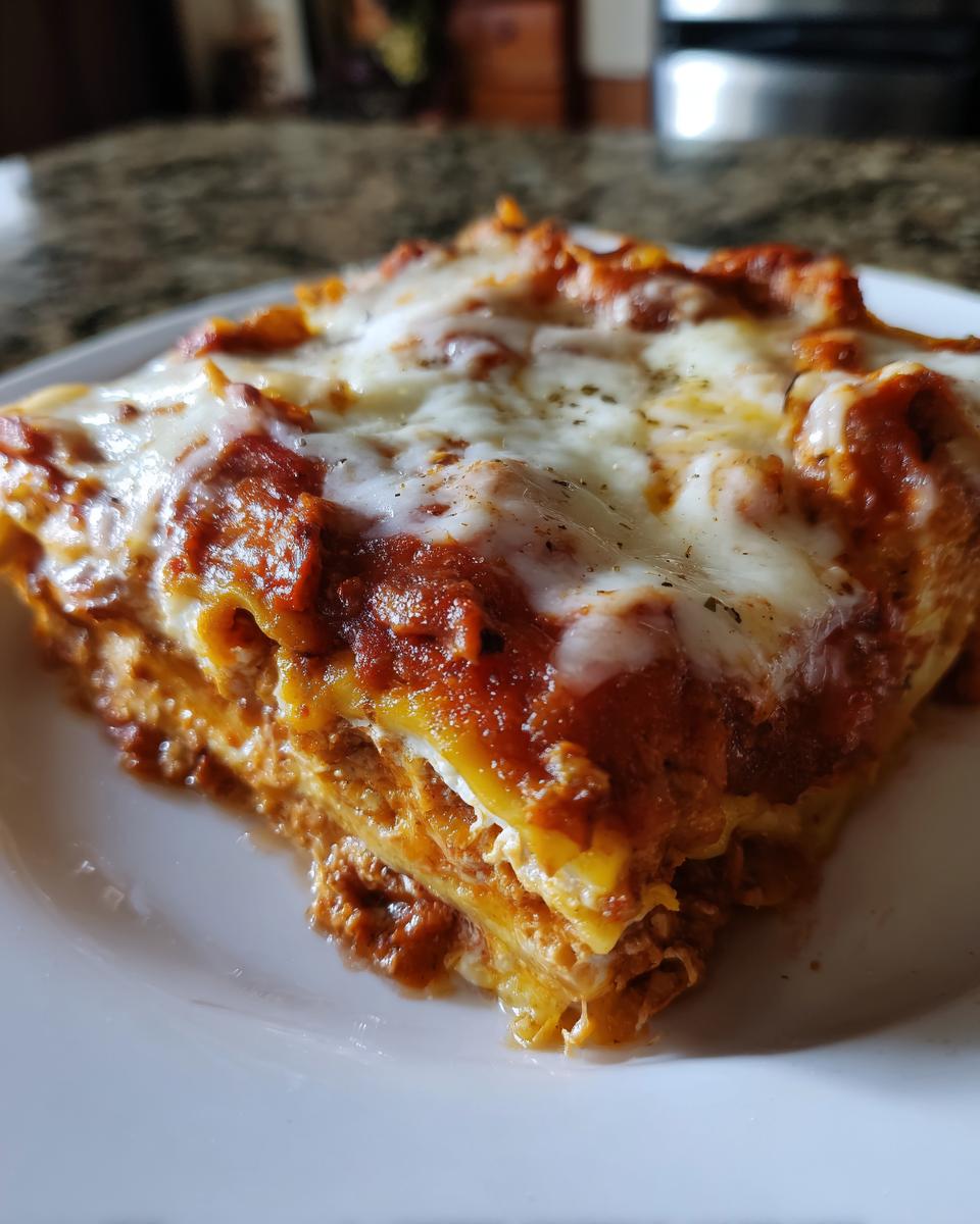 A close-up of a cheesy, saucy slice of baked ravioli layered on a white plate.