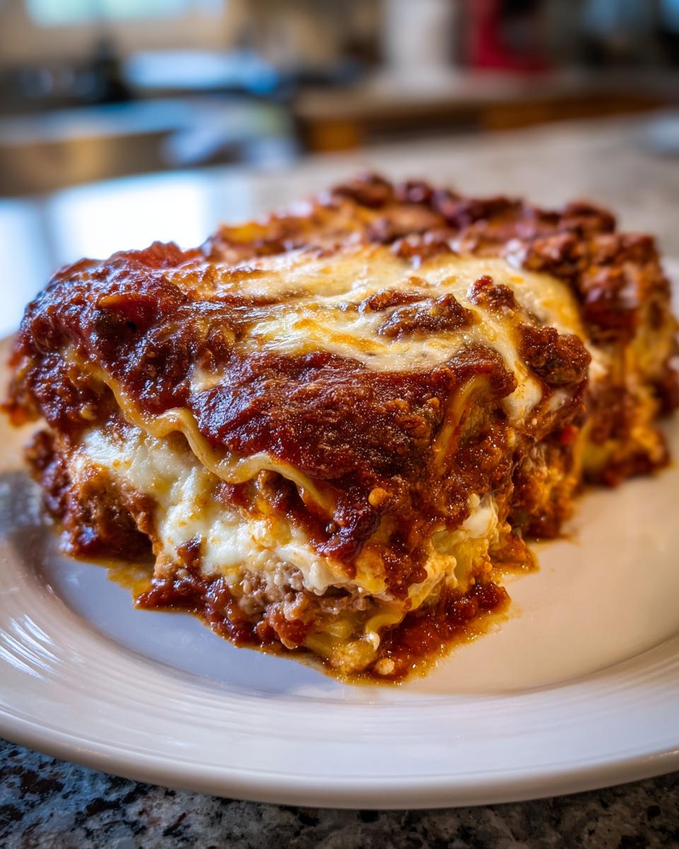 A close-up of a cheesy, saucy slice of baked ravioli layered like lasagna on a white plate.