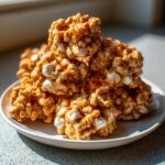 A stack of homemade avalanche cookies, featuring a sticky peanut butter and marshmallow mixture, piled high on a light plate.