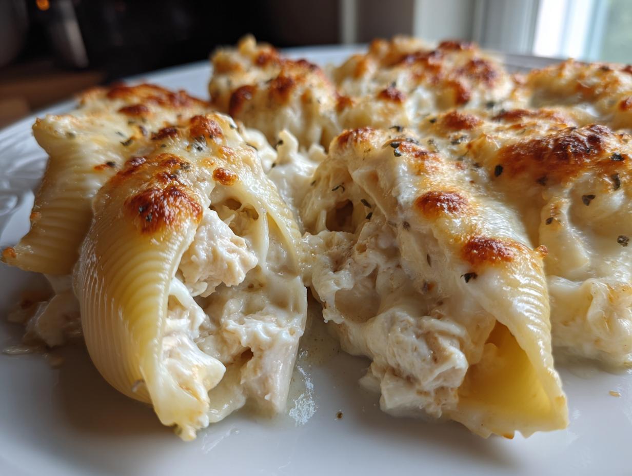 Close-up of baked chicken alfredo stuffed shells overflowing with creamy filling and topped with browned, bubbly cheese.