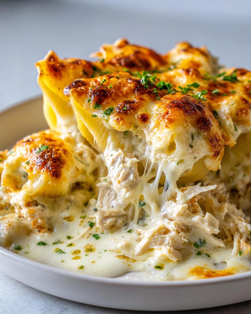 Close-up of baked chicken alfredo stuffed shells oozing with melted cheese and shredded chicken filling.