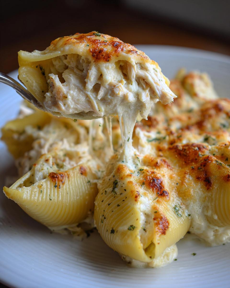A spoonful of creamy chicken alfredo stuffed shells shows a delicious cheese pull.