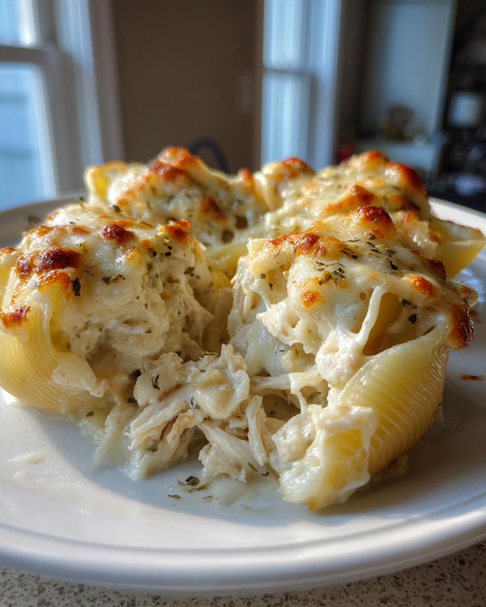 Close-up of baked chicken alfredo stuffed shells overflowing with creamy filling and melted, browned cheese.