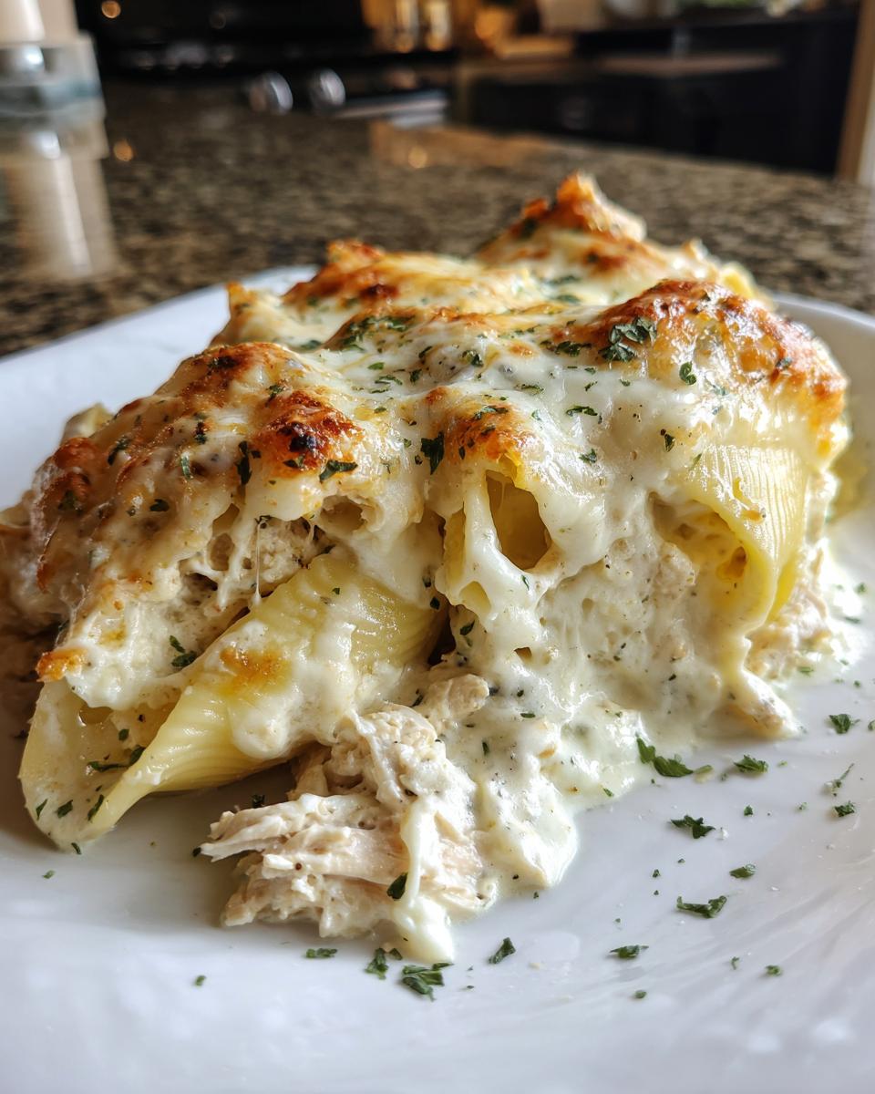 A close-up serving of baked chicken alfredo stuffed shells covered in melted, bubbly cheese and parsley.