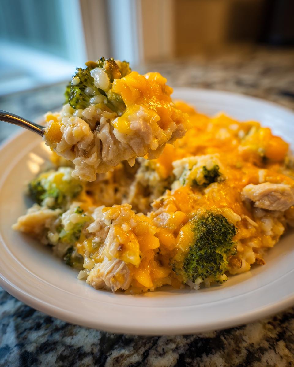 A spoonful of creamy chicken broccoli rice casserole topped with melted cheddar cheese being lifted from a white plate.