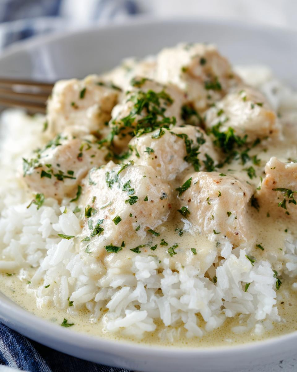 Close-up of tender chicken scampi pieces smothered in creamy sauce served over fluffy garlic parmesan rice.