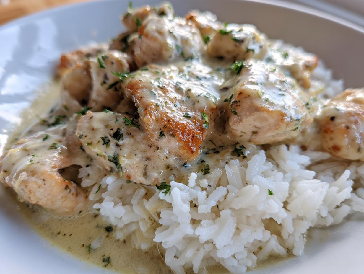 Close-up of tender chicken pieces smothered in creamy sauce served over fluffy garlic parmesan rice.