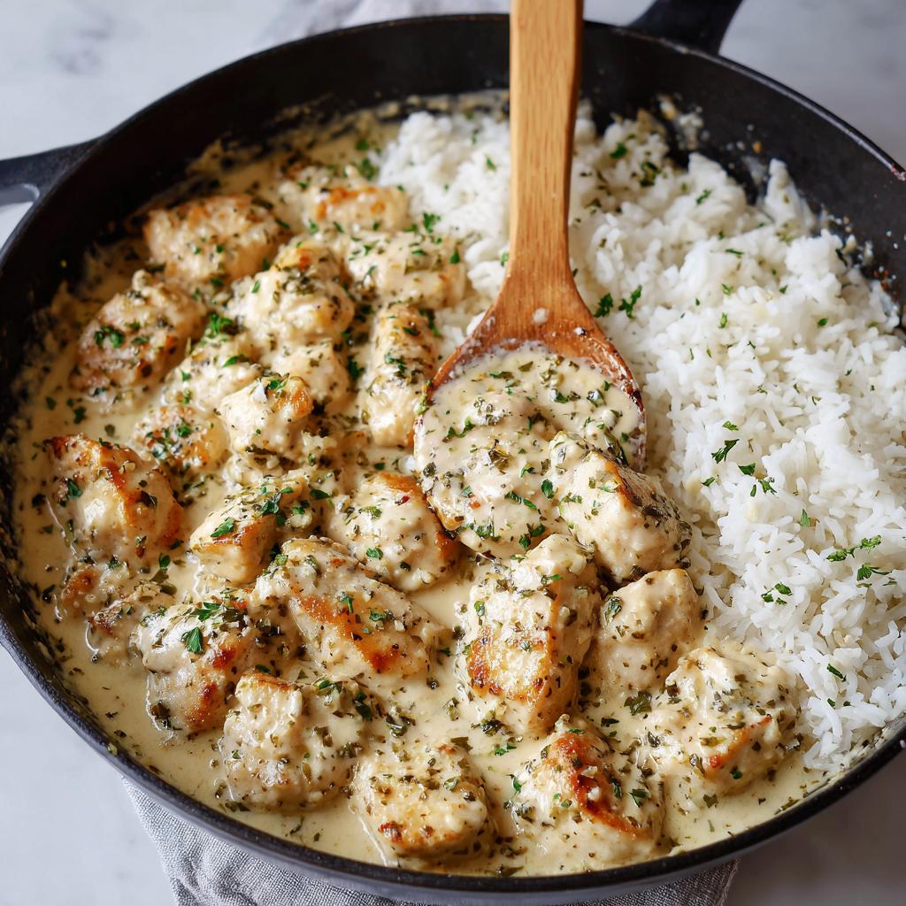 Close-up of creamy chicken scampi with garlic parmesan rice served in a black skillet with a wooden spoon.