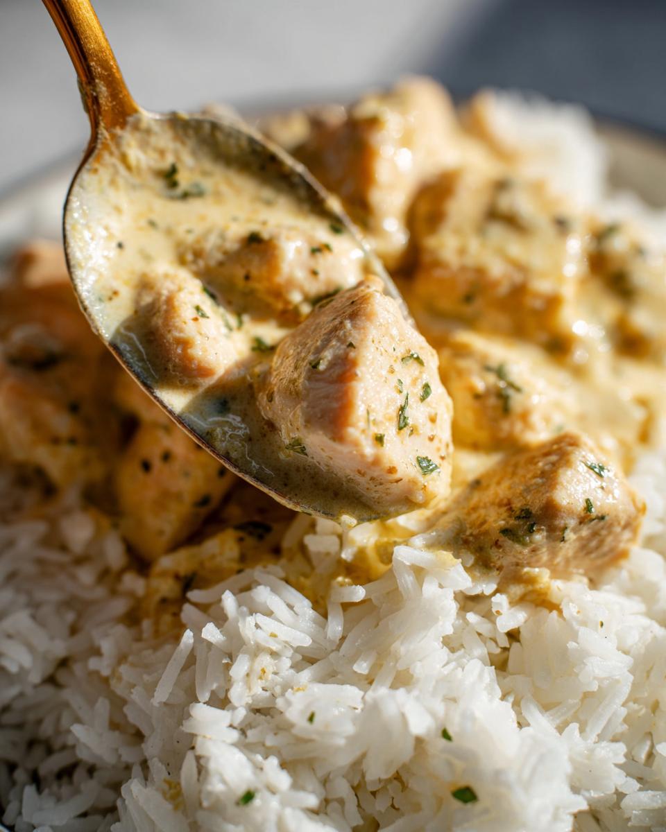 A golden spoon lifting creamy chicken pieces over a bed of white garlic parmesan rice from chicken scampi.