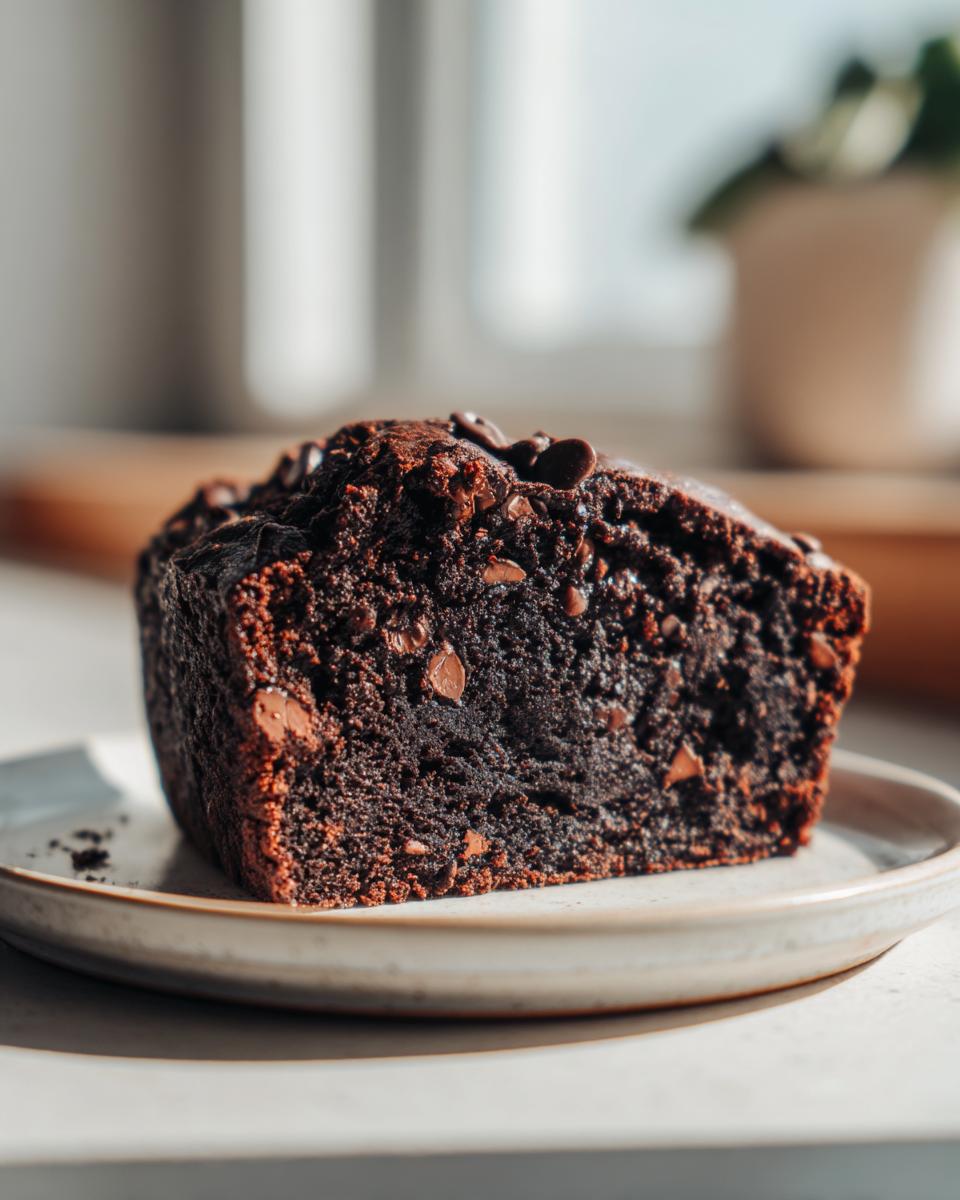 A thick, moist slice of dark chocolate banana bread studded with chocolate chips, served on a small plate.