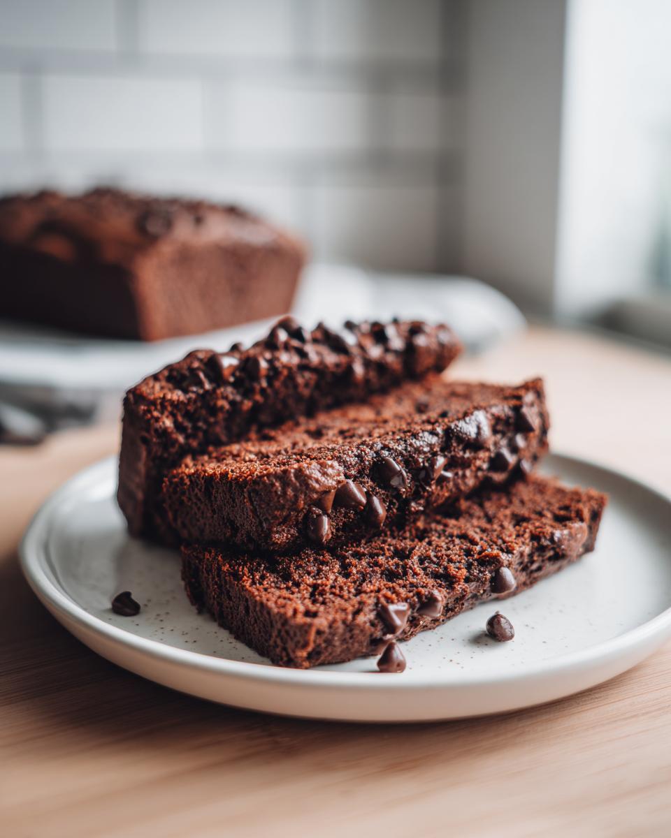 Three thick slices of moist chocolate banana bread topped with melted chocolate chips on a white plate.