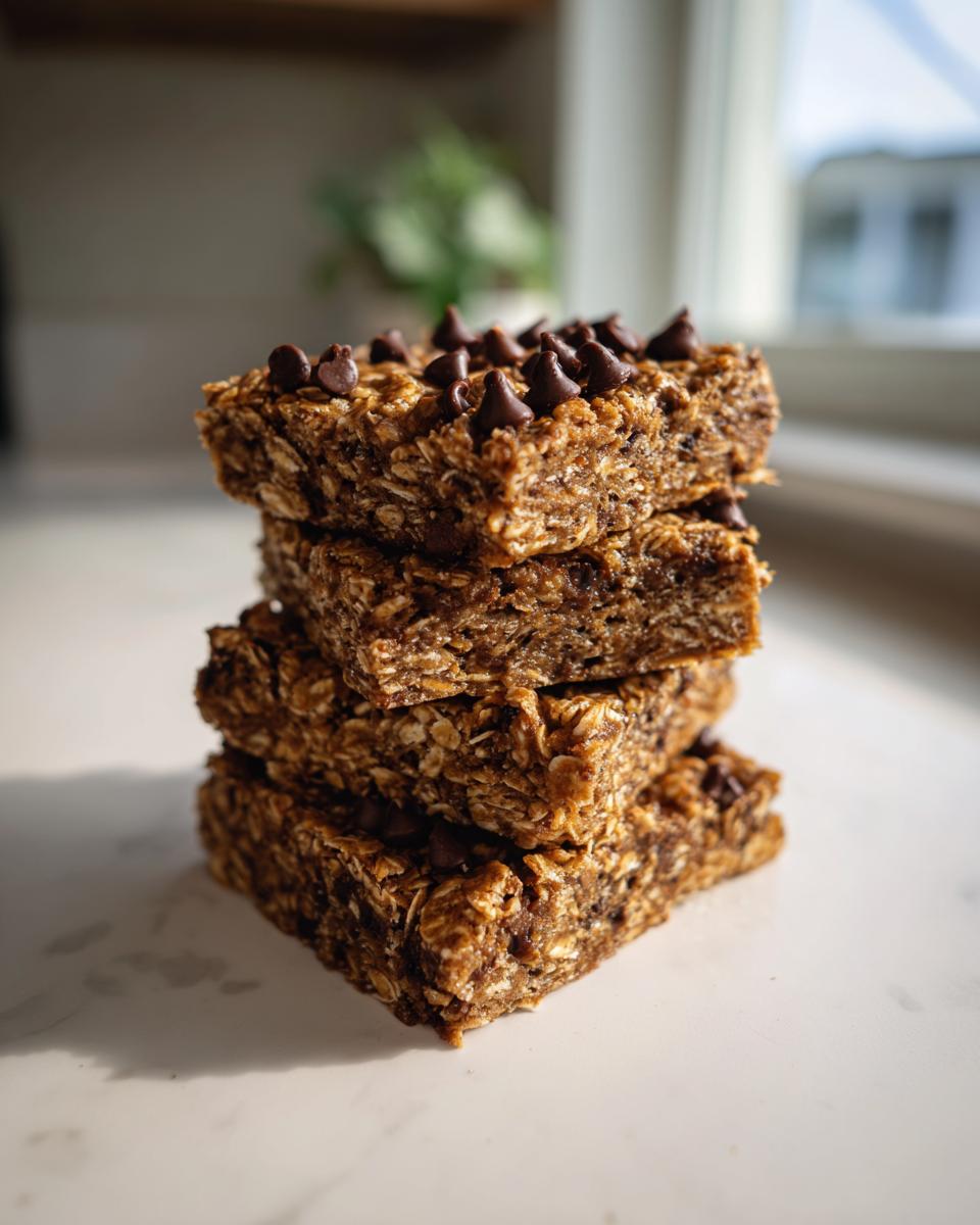 A stack of four chewy, chocolate chip oatmeal bars sitting on a light countertop.