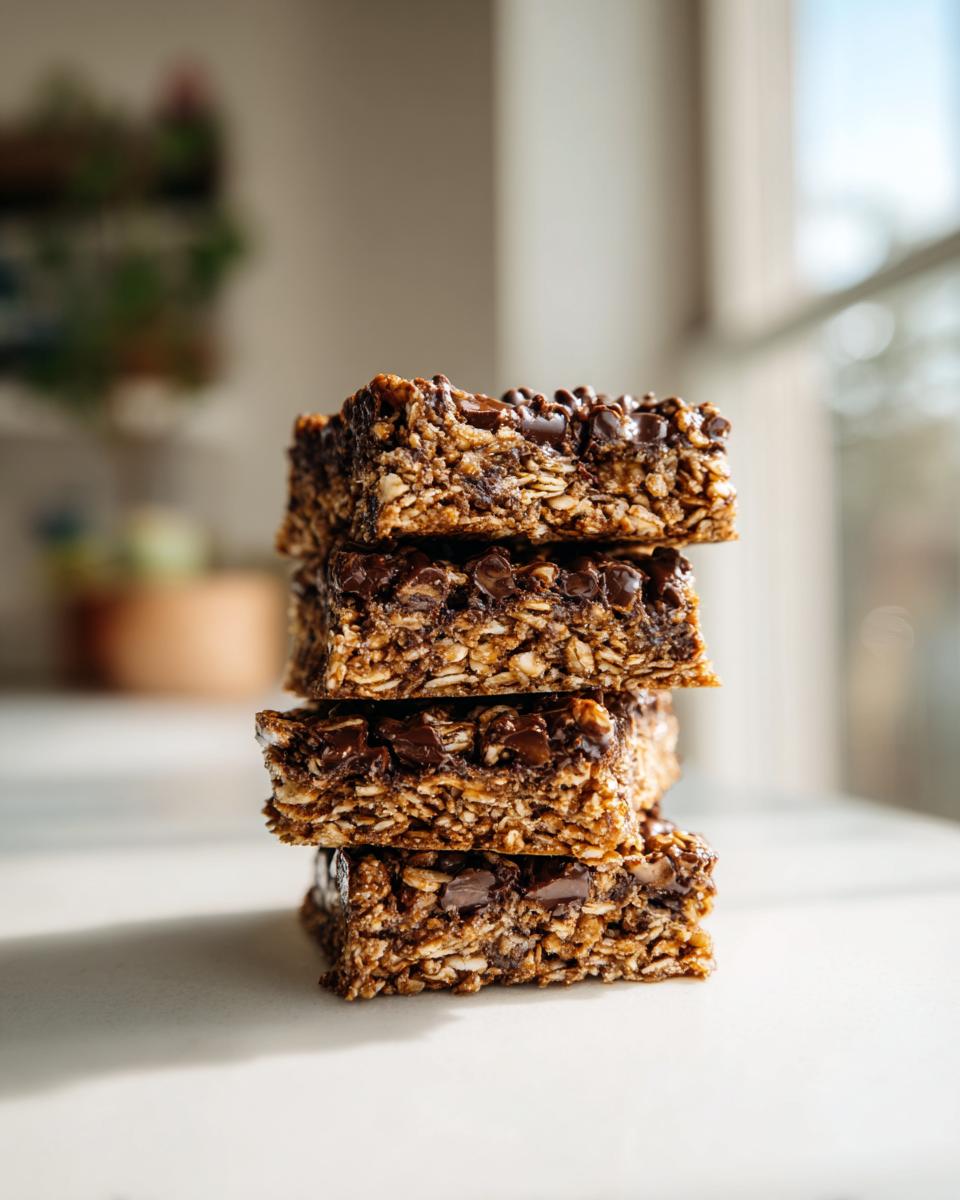 A vertical stack of four rich, chewy chocolate chip oatmeal bars.