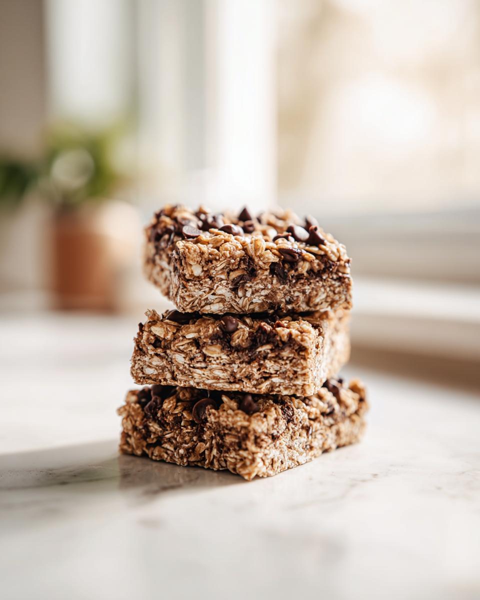 Three chewy chocolate chip oatmeal bars stacked vertically on a white marble surface.
