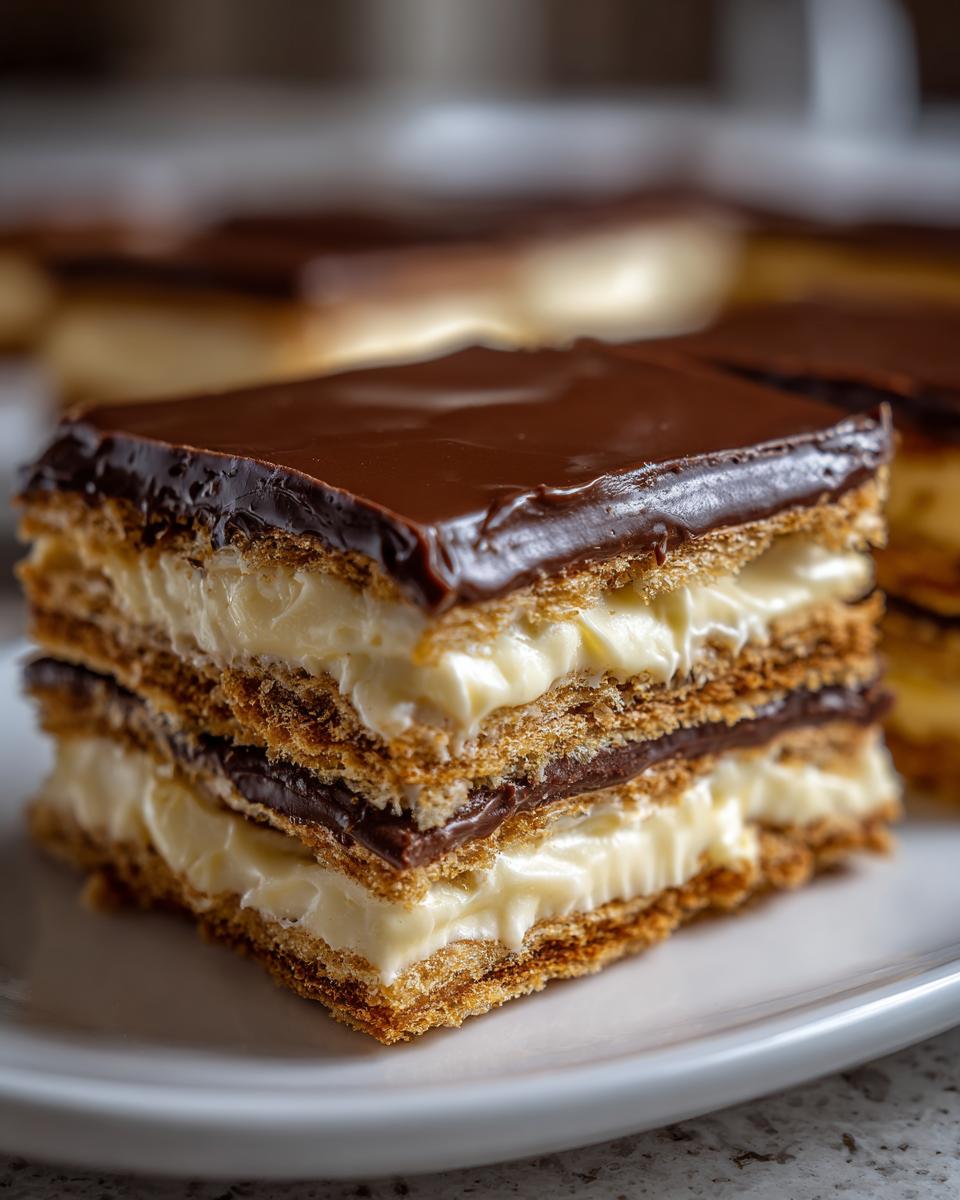 Close-up of a square slice of chocolate eclair cake showing layers of crispy pastry, vanilla cream, and chocolate ganache.