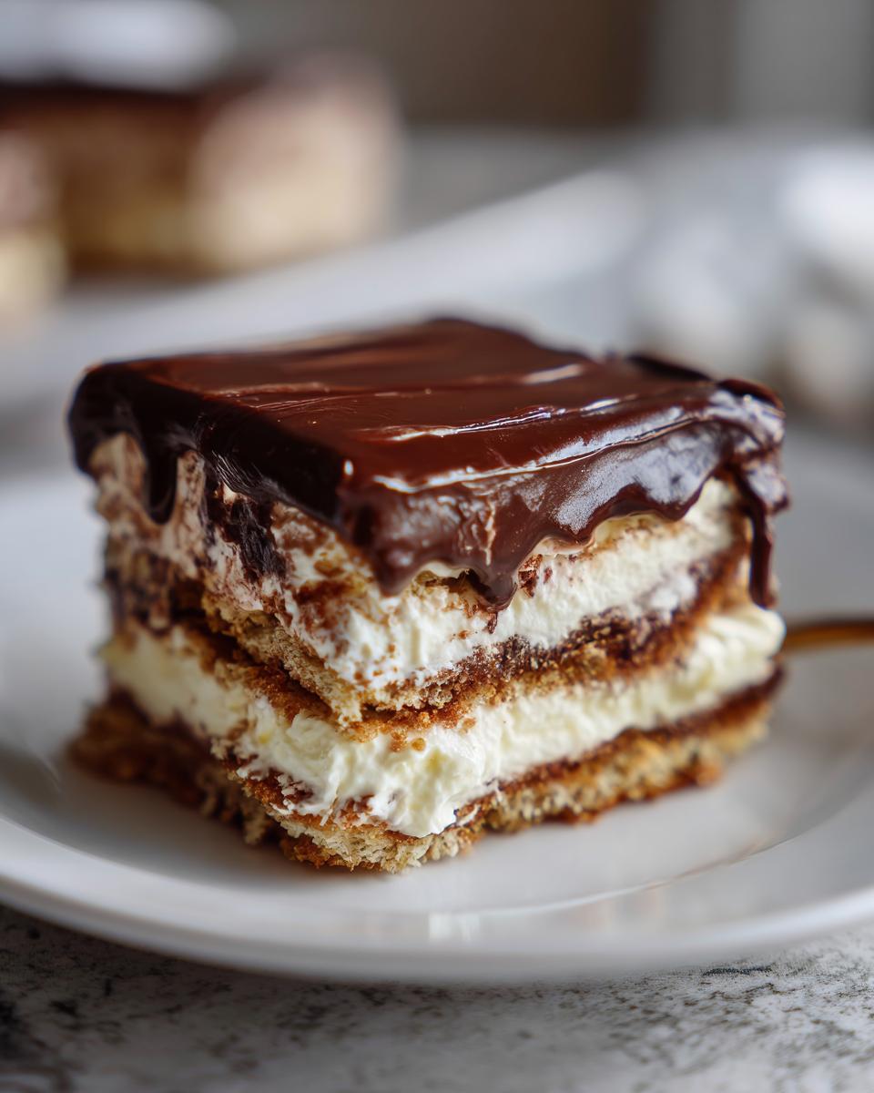 A close-up of a layered slice of chocolate eclair cake featuring graham crackers, cream filling, and rich chocolate ganache.