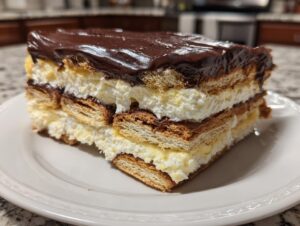 A layered slice of chocolate eclair cake featuring graham crackers, vanilla pudding, and whipped cream, topped with rich chocolate ganache.