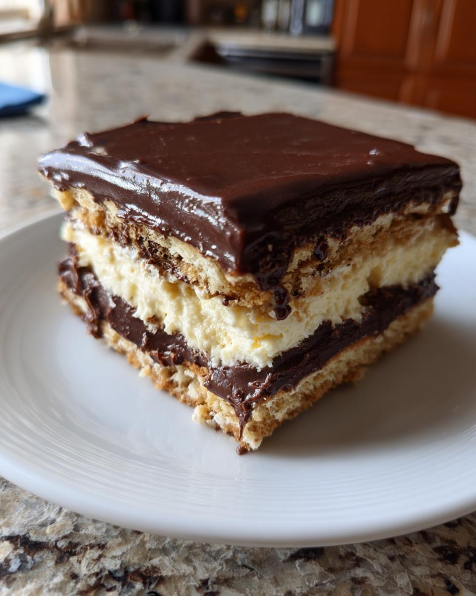 A square slice of layered chocolate eclair cake featuring graham crackers, vanilla cream, and chocolate frosting.