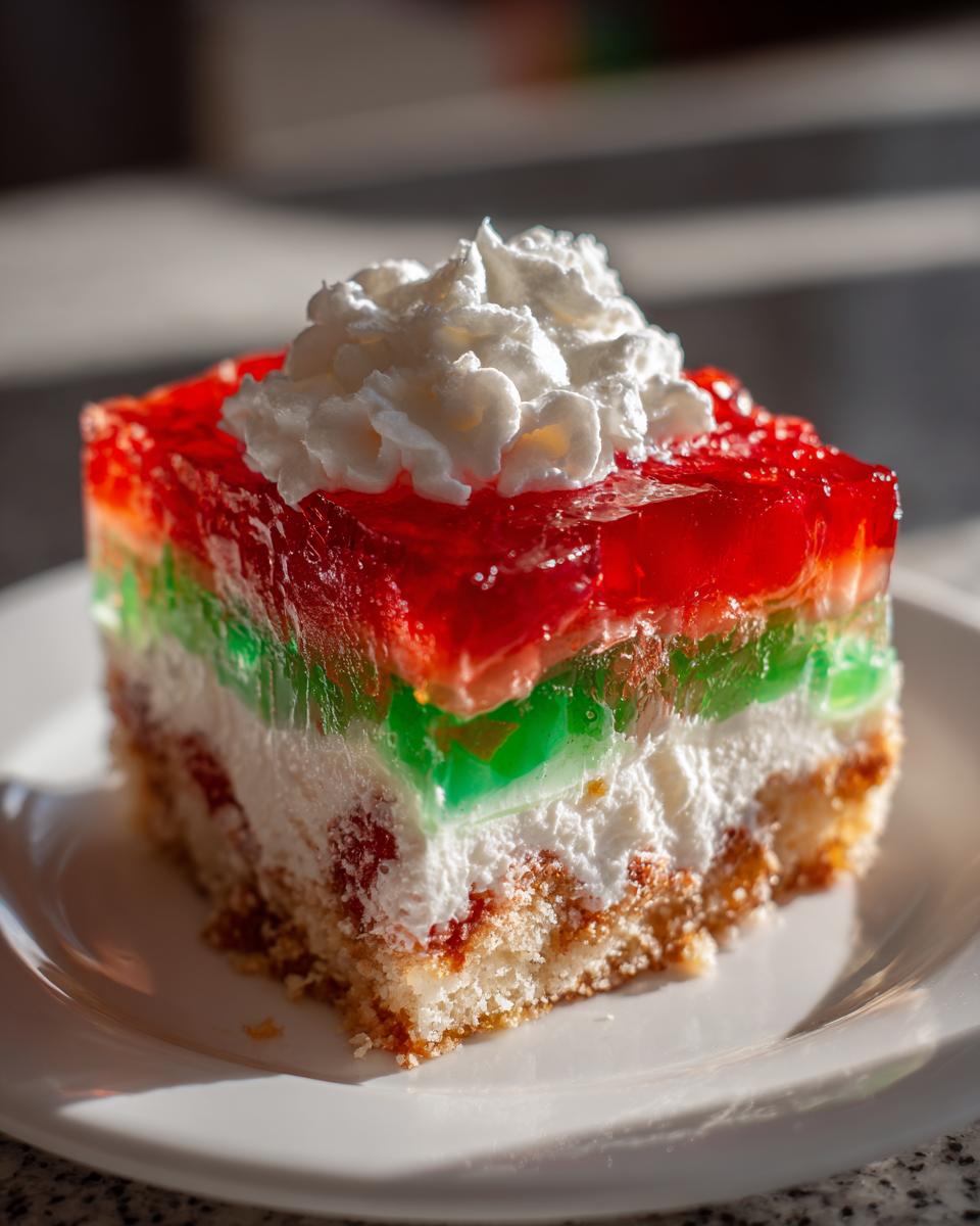 A festive slice of christmas poke cake featuring bright red and green Jello layers, cream, and whipped topping.
