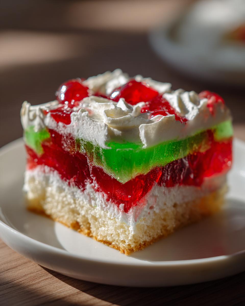 A close-up slice of a festive christmas poke cake featuring layers of red and green jello, whipped cream, and cherries.
