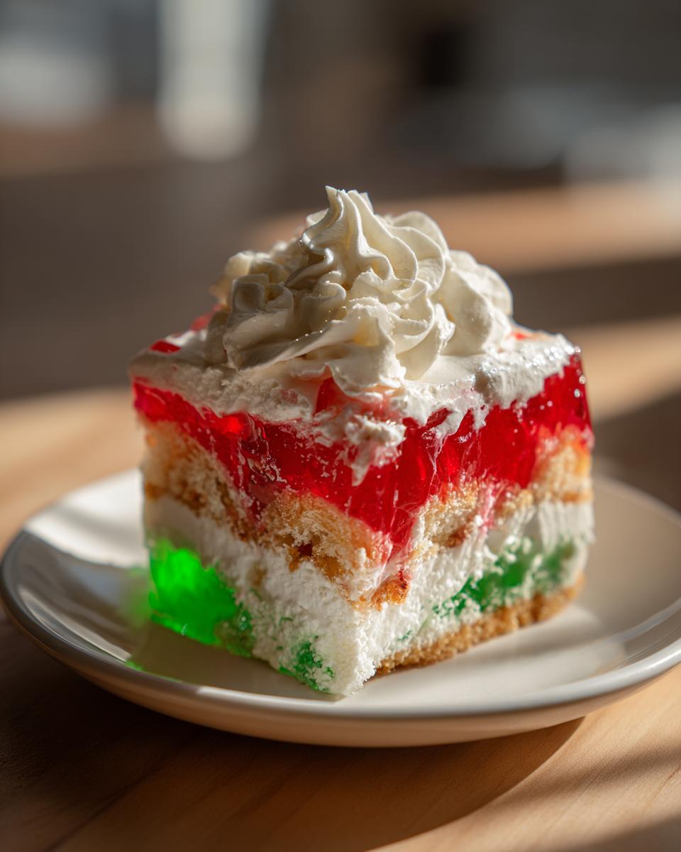 A festive slice of christmas poke cake showing layers of red and green jello, cake, and whipped cream topping.