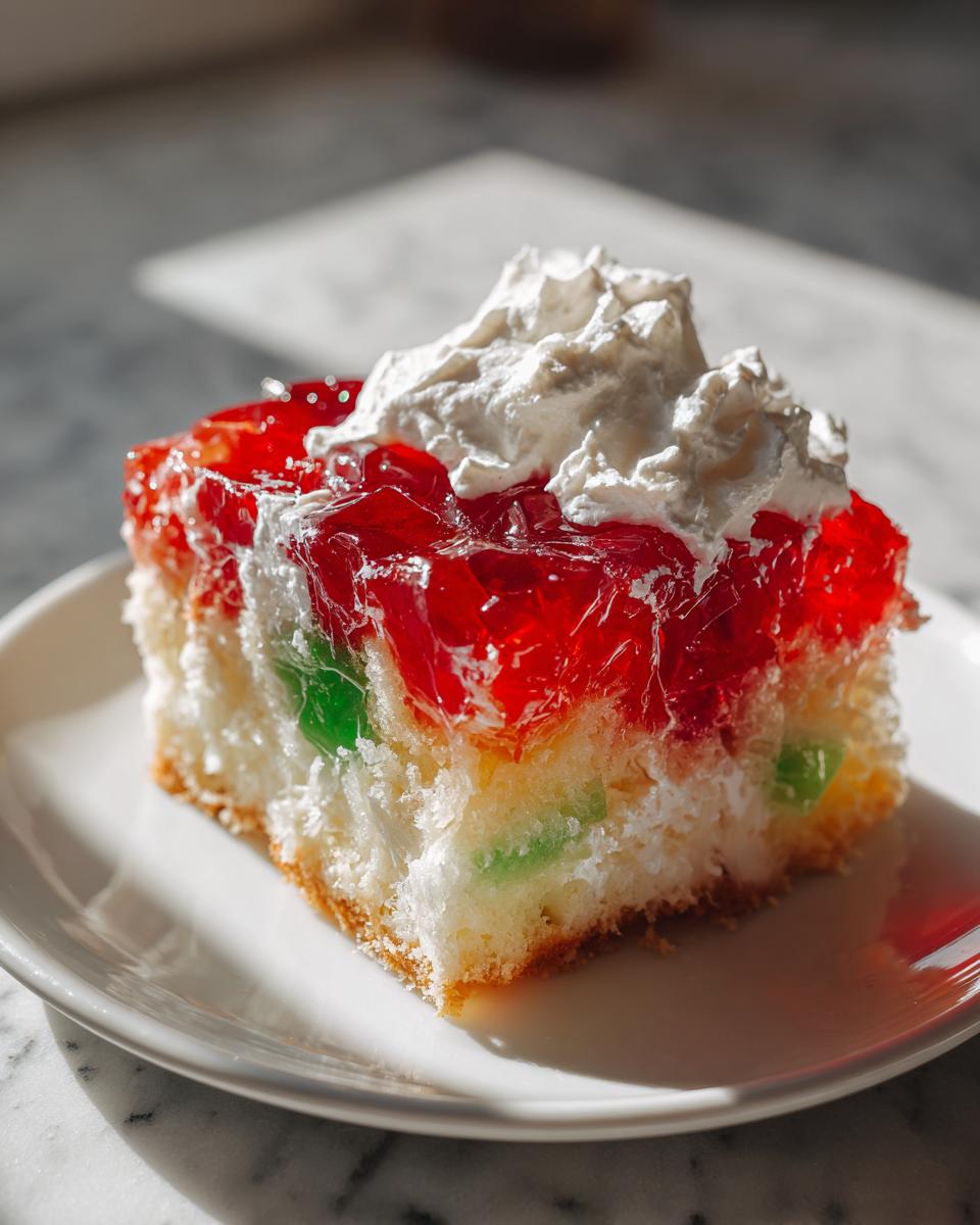 A moist slice of christmas poke cake featuring layers of red and green jello cubes soaked into the white cake, topped with whipped cream.