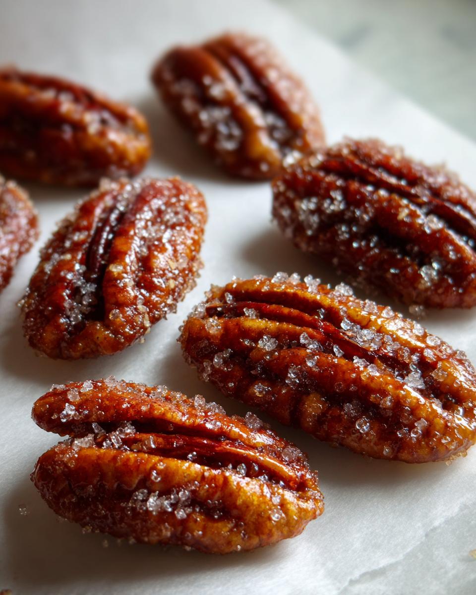 Close-up of several glossy, brown candied pecans sprinkled heavily with coarse sugar crystals.