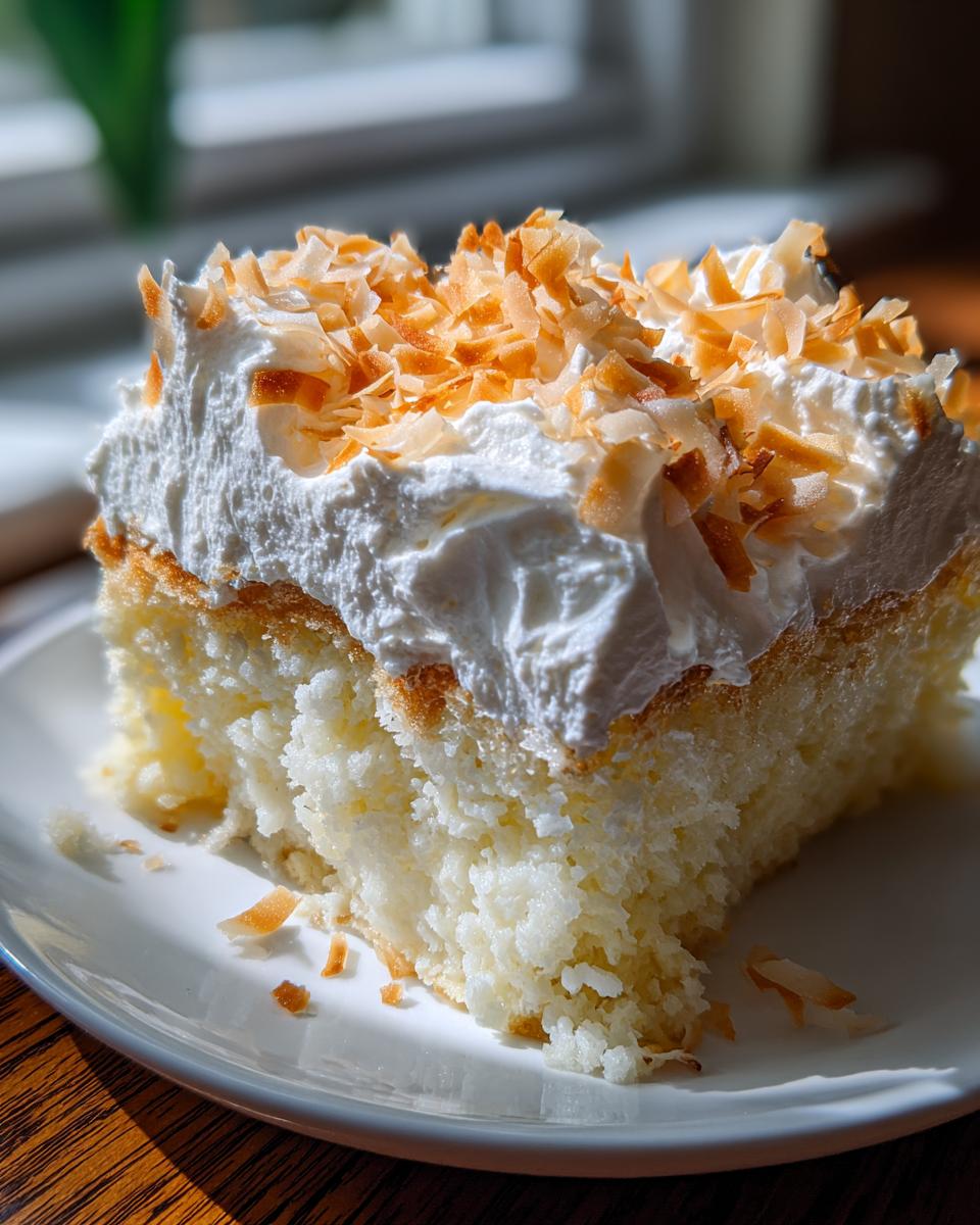 A close-up of a moist slice of coconut poke cake topped with whipped cream and toasted coconut flakes.