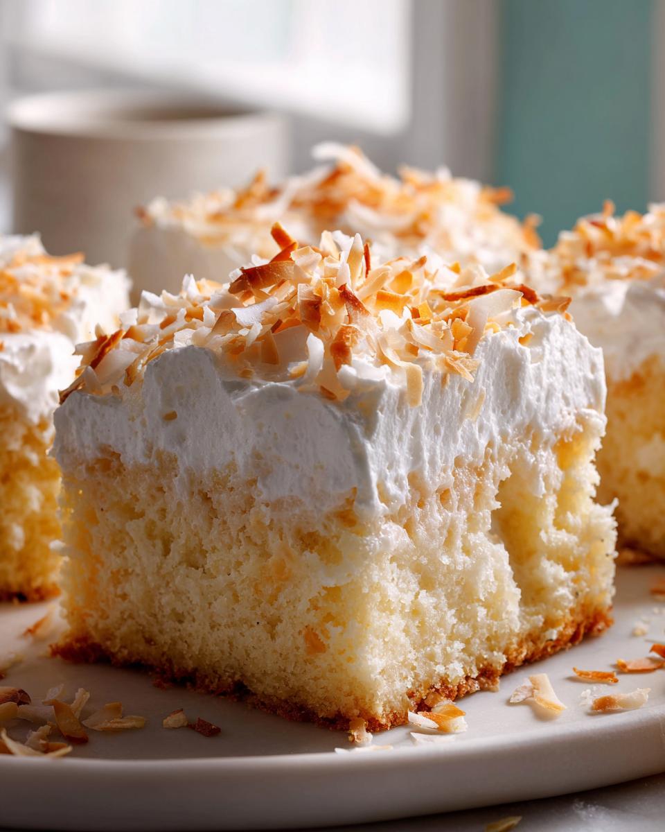 Close-up of a moist slice of coconut poke cake topped with whipped cream and toasted coconut flakes.
