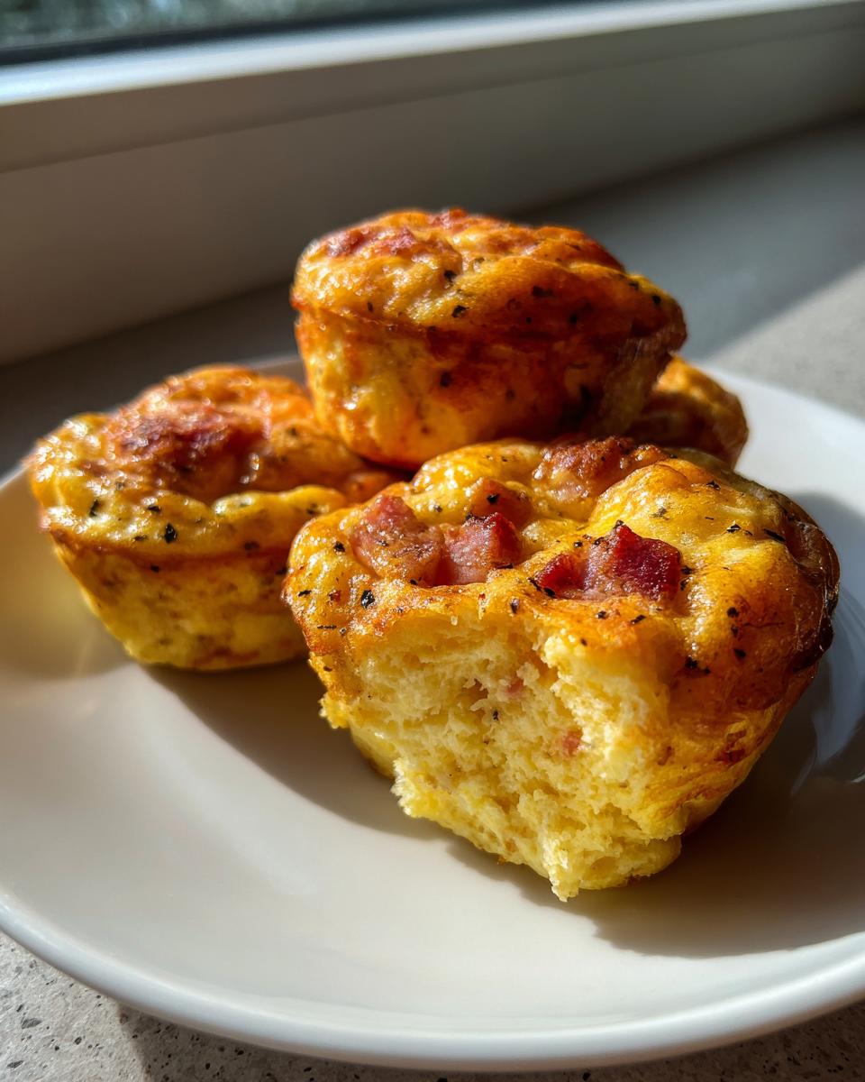 A stack of golden brown cottage cheese egg cups, one broken open showing the fluffy interior and bacon bits.
