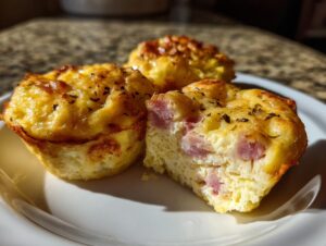 Three golden-brown cottage cheese egg cups, one cut open to show ham pieces inside, served on a white plate.