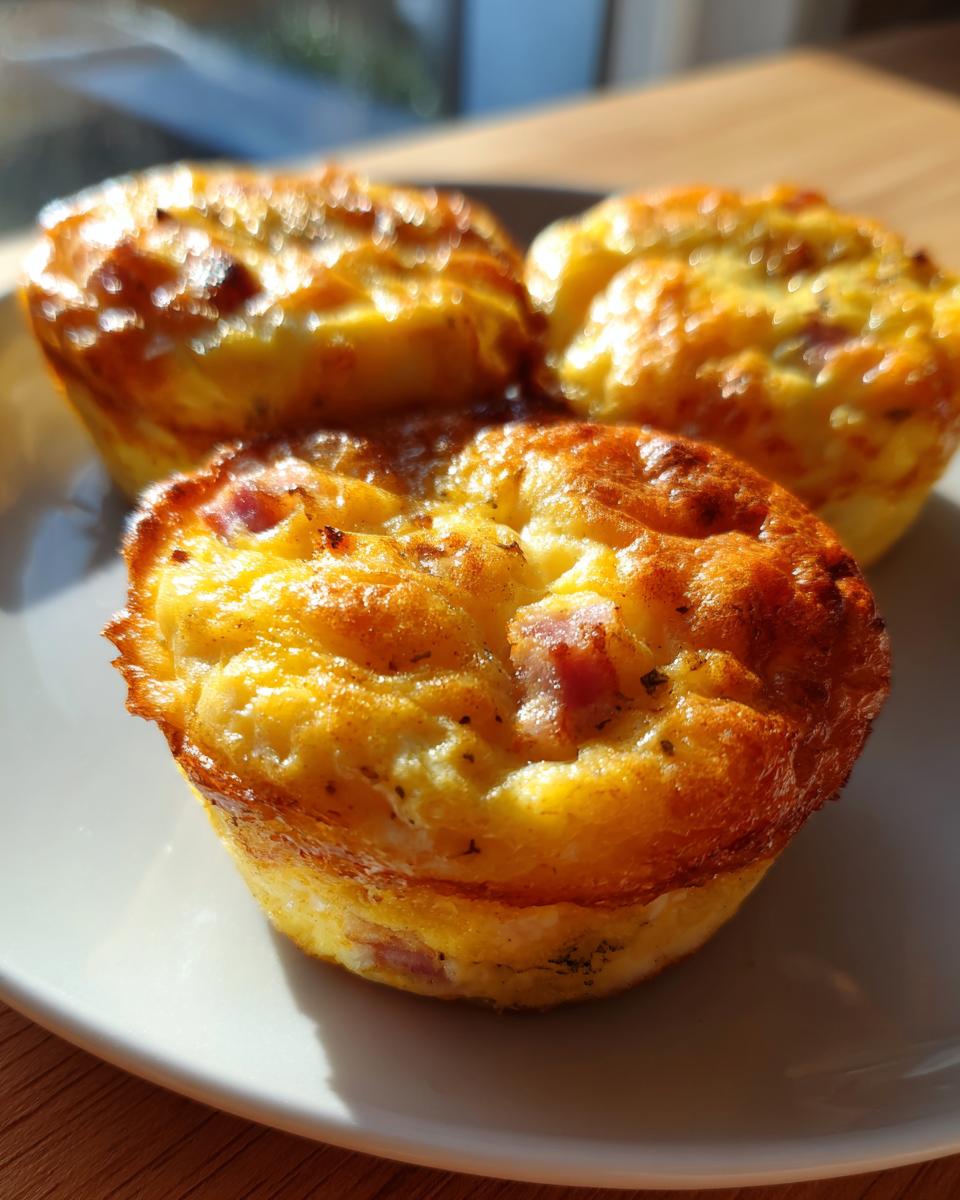 Three golden-brown cottage cheese egg cups starbucks style on a white plate in bright sunlight.