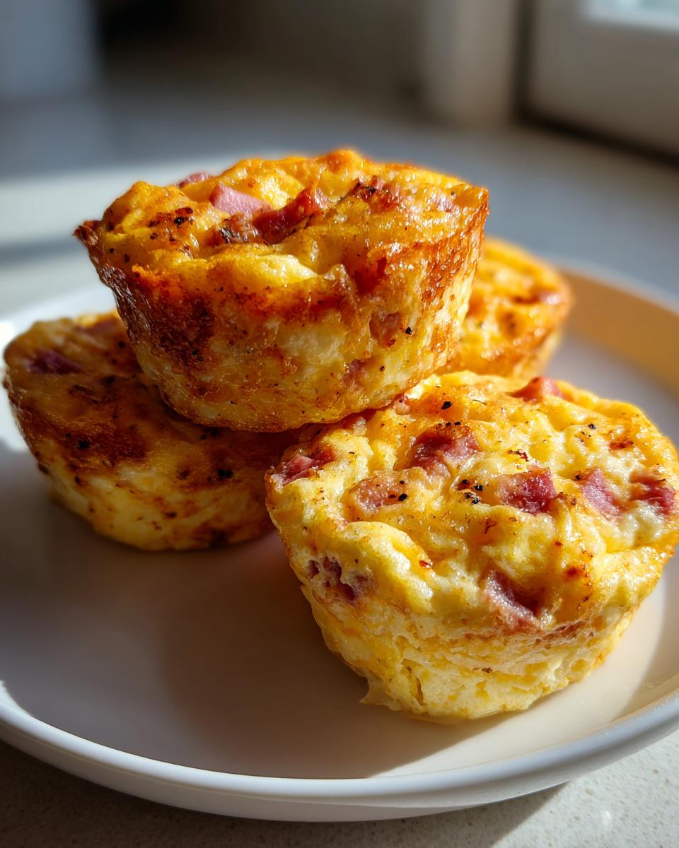 Three golden brown cottage cheese egg cups stacked on a white plate, featuring visible pieces of meat.