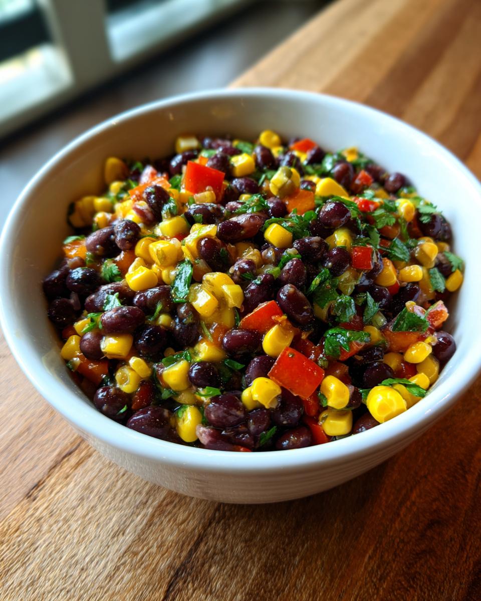 Close-up of a white bowl filled with colorful cowboy caviar featuring black beans, yellow corn, and red peppers.