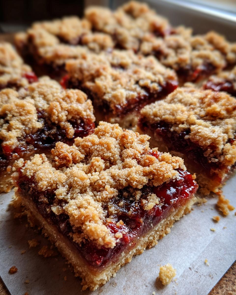 A close-up of several freshly cut cranberry crumble bars showing the thick jam filling and crumbly topping.