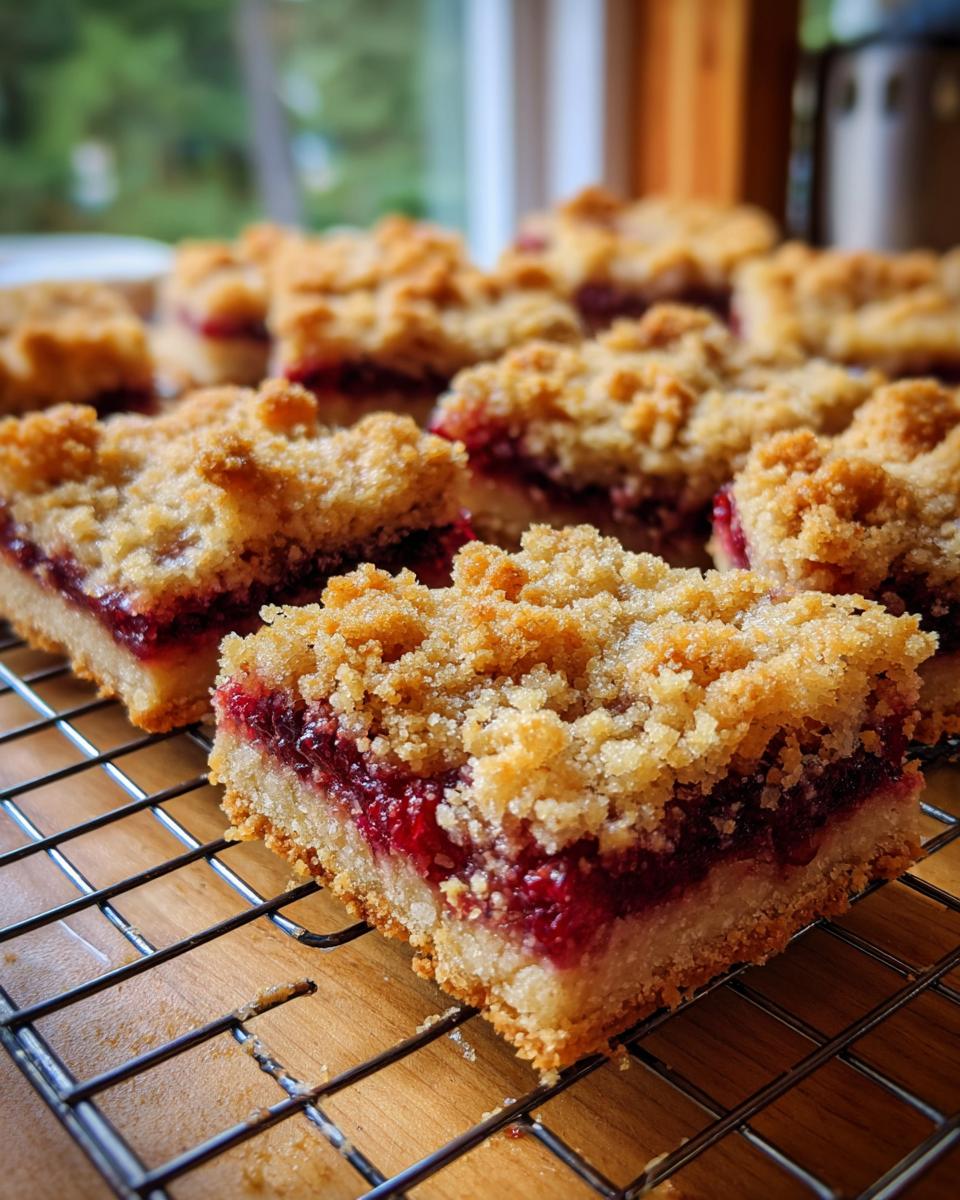Close-up of freshly baked cranberry crumble bars with a thick layer of bright red filling and crumb topping, cooling on a wire rack.