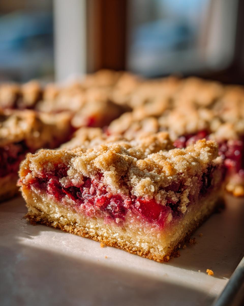 A close-up, sunlit shot of a thick cranberry crumble bars slice showing the buttery crust and bright red cranberry filling.