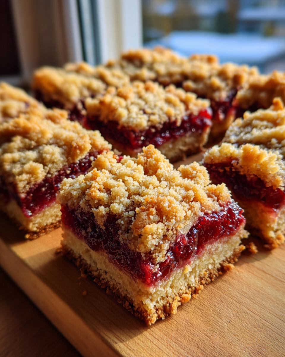 Close-up of several golden-brown cranberry crumble bars squares with a thick layer of bright red cranberry filling.