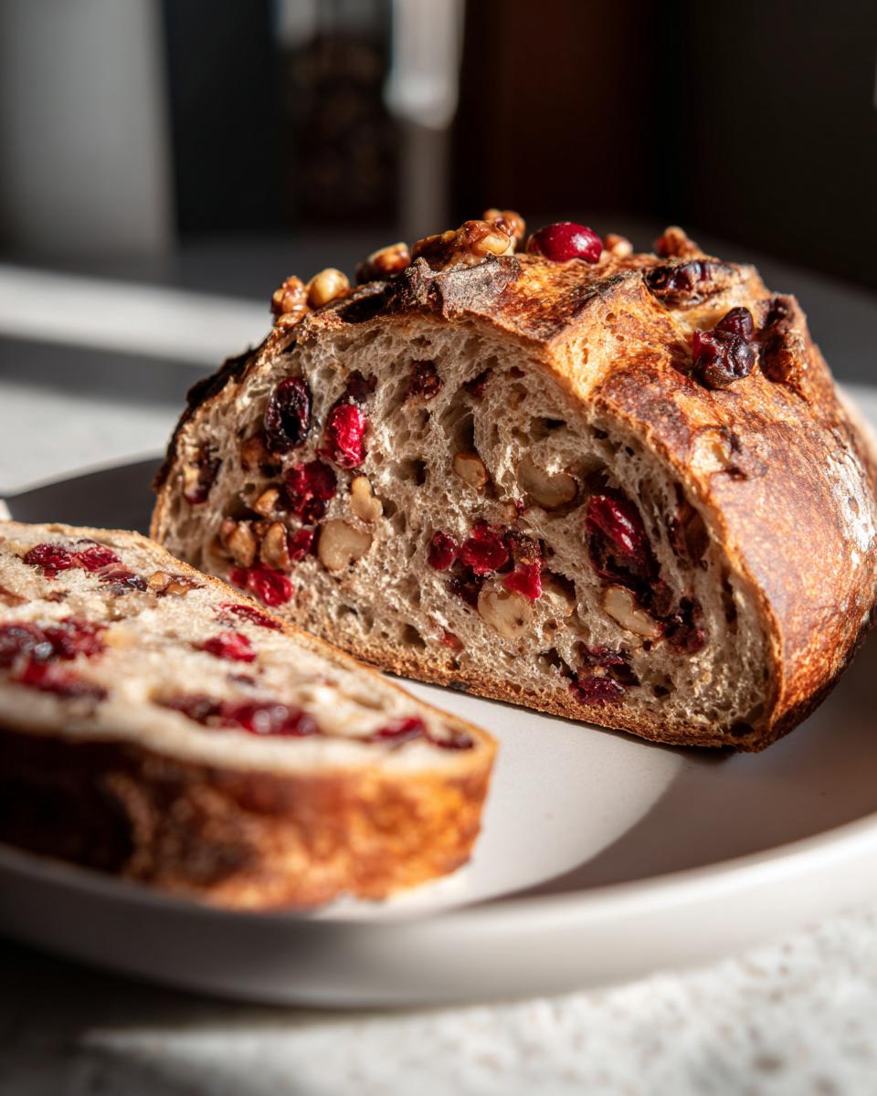 Close-up of a freshly baked cranberry walnut bread loaf, sliced to show the interior filled with bright red cranberries and walnuts.