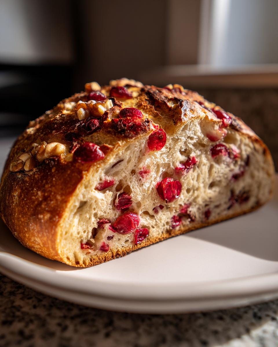 Close-up of a freshly baked slice of cranberry walnut bread showing bright red cranberries and walnuts embedded in the crumb.