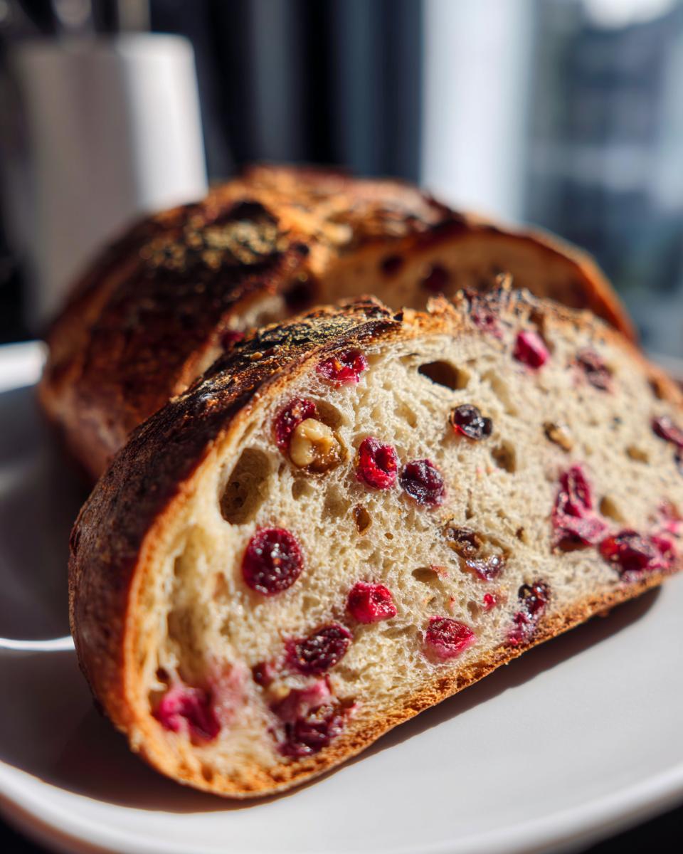 Close-up of a thick slice of cranberry walnut bread showing the open crumb filled with bright red cranberries and walnuts.