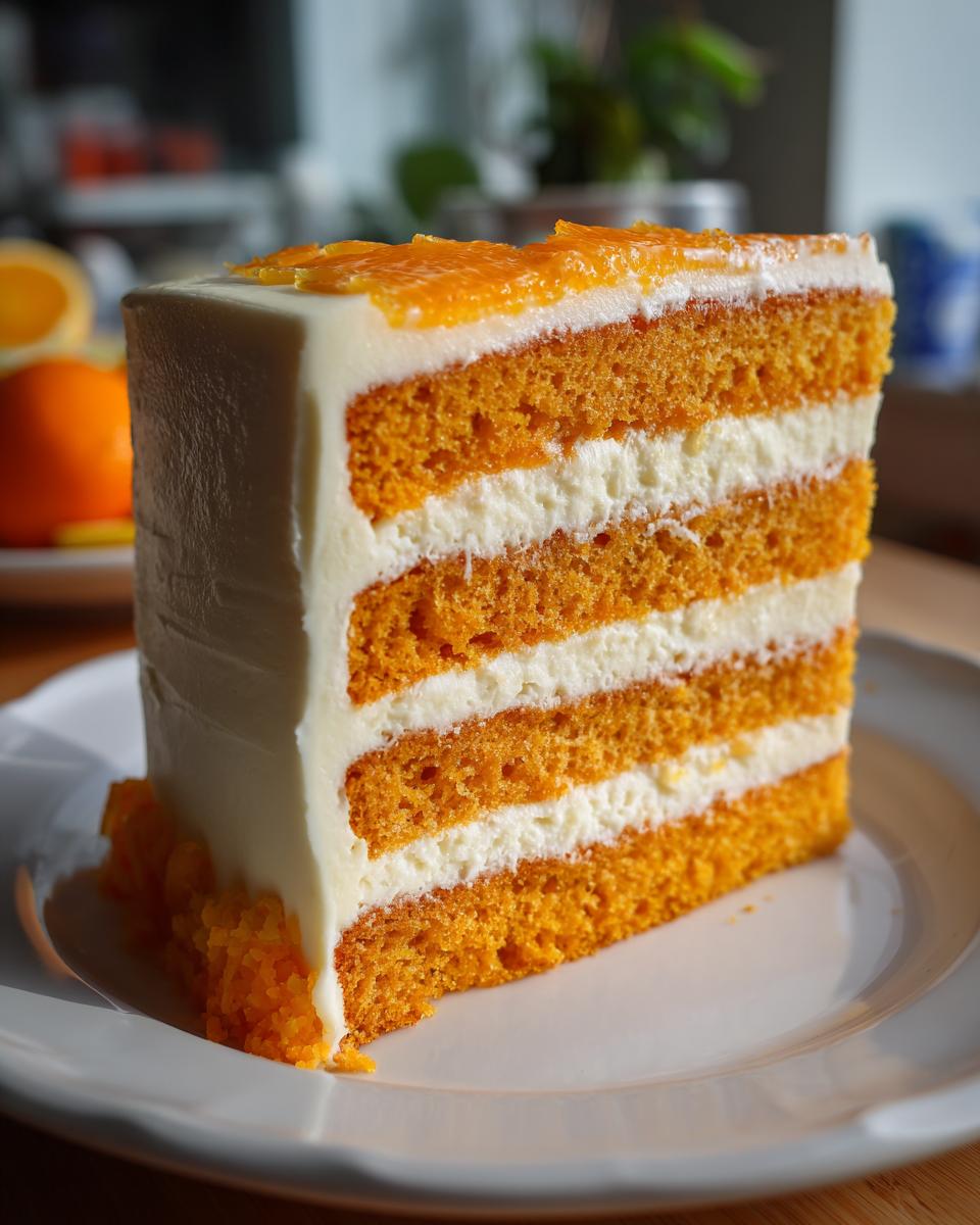 A tall slice of Creamsicle Cake showing distinct orange cake layers alternating with white cream filling.