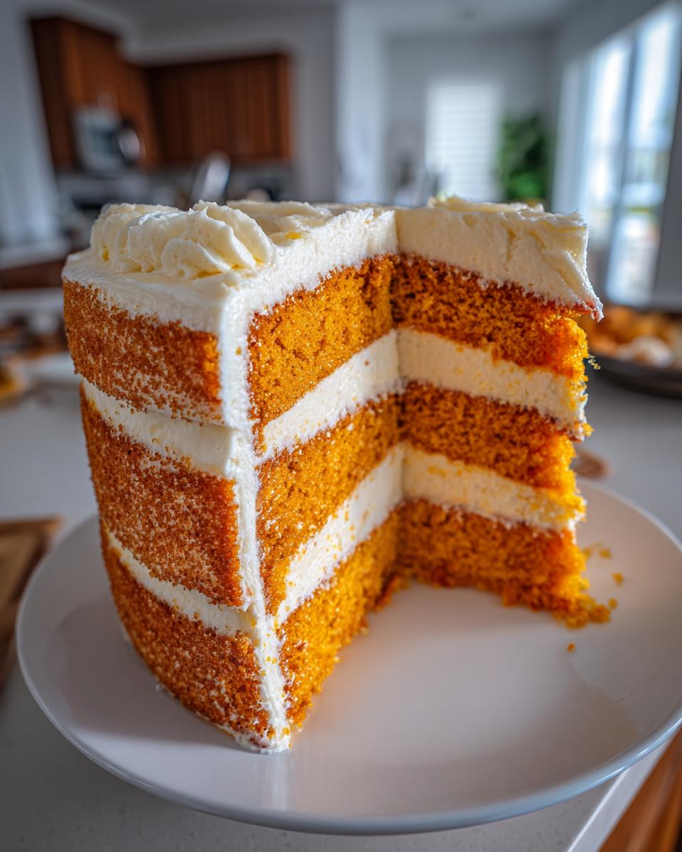 A tall slice of orange and white layered Creamsicle Cake with thick frosting, sitting on a white plate.