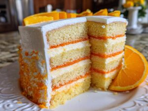 A tall slice of Creamsicle Cake showing multiple layers of vanilla cake, orange filling, and white frosting.