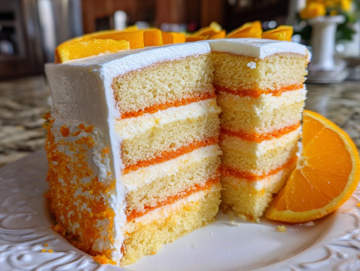 A tall slice of Creamsicle Cake showing multiple layers of vanilla cake, orange filling, and white frosting.
