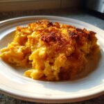A close-up serving of creamy baked mac and cheese with a deeply browned, crispy breadcrumb topping.