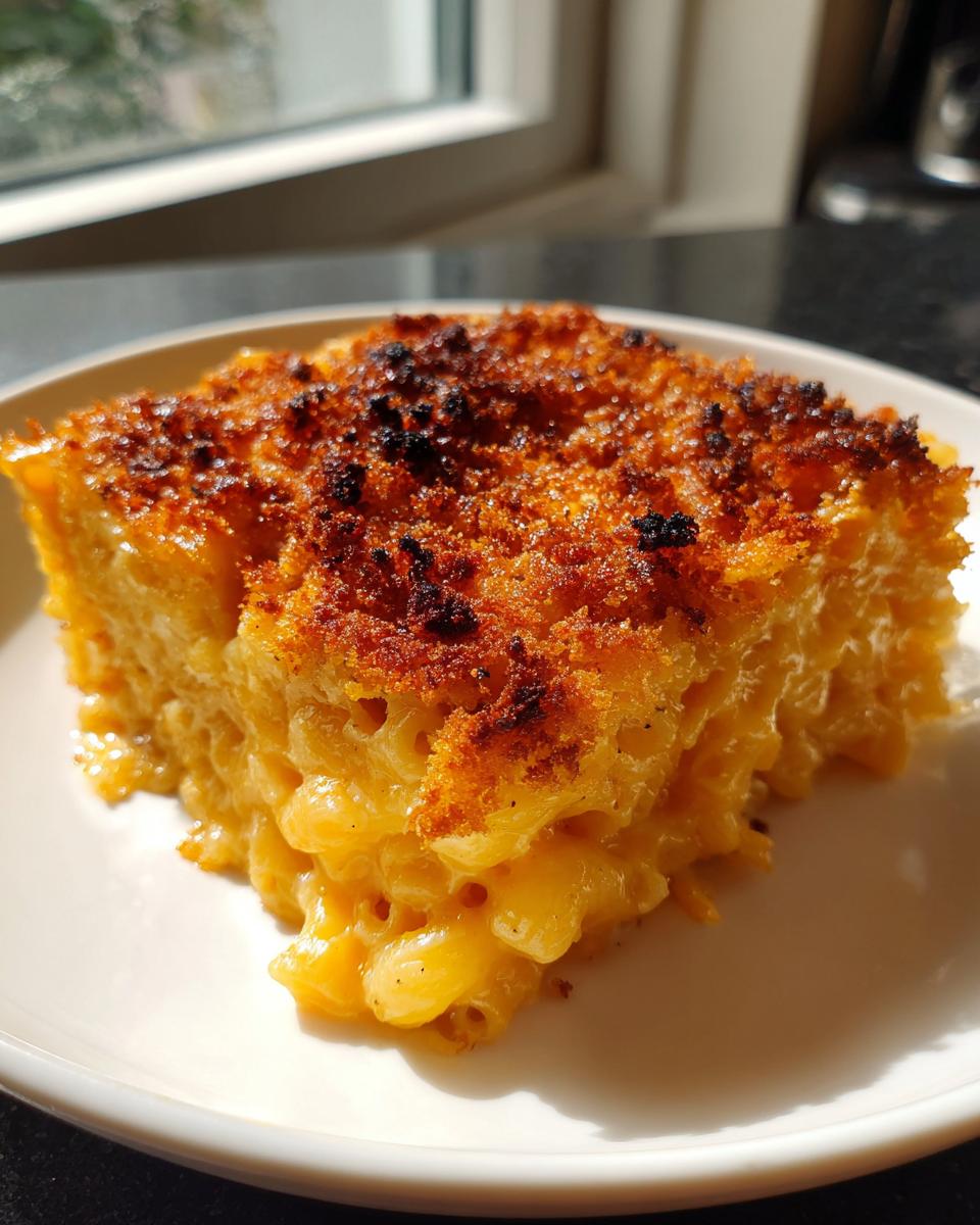 A close-up of a rich, creamy baked mac and cheese slice featuring elbow macaroni coated in orange cheese sauce and a dark, crispy breadcrumb topping.