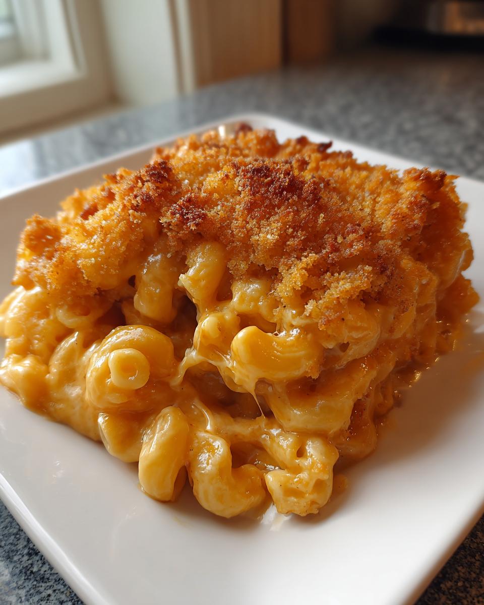 A square serving of creamy baked mac and cheese with a golden brown, crispy breadcrumb topping.