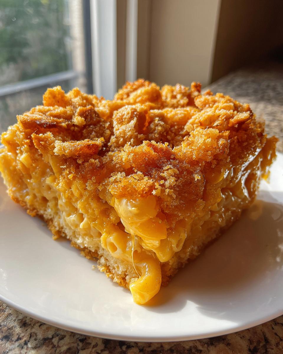A close-up slice of incredibly creamy baked mac and cheese with a golden, crunchy crumb topping.