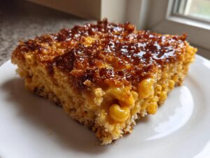 A square serving of creamy baked mac and cheese with a dark, caramelized, and crispy topping, resting on a white plate.